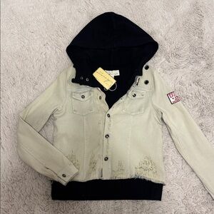 Vintage Havana Grommet Detail Layered Sweatshirt Denim Jacket